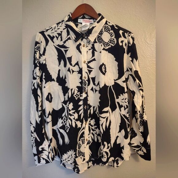 Cklass Fashionline Black Ivory Floral Long Sleeve Blouse Size Medium - Picture 2 of 13